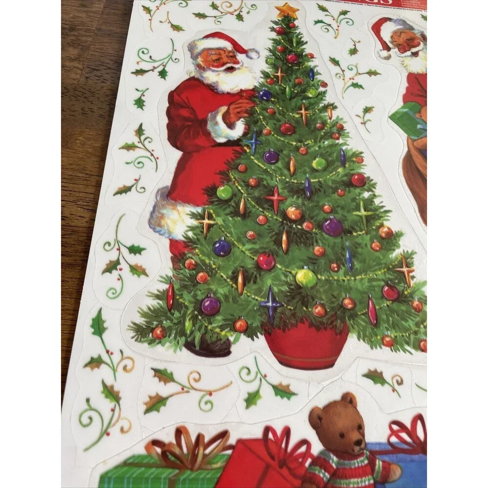 3 Vintage Christmas Vinyl Window Clings Santa Face Reindeer Sleigh Presents CUTE